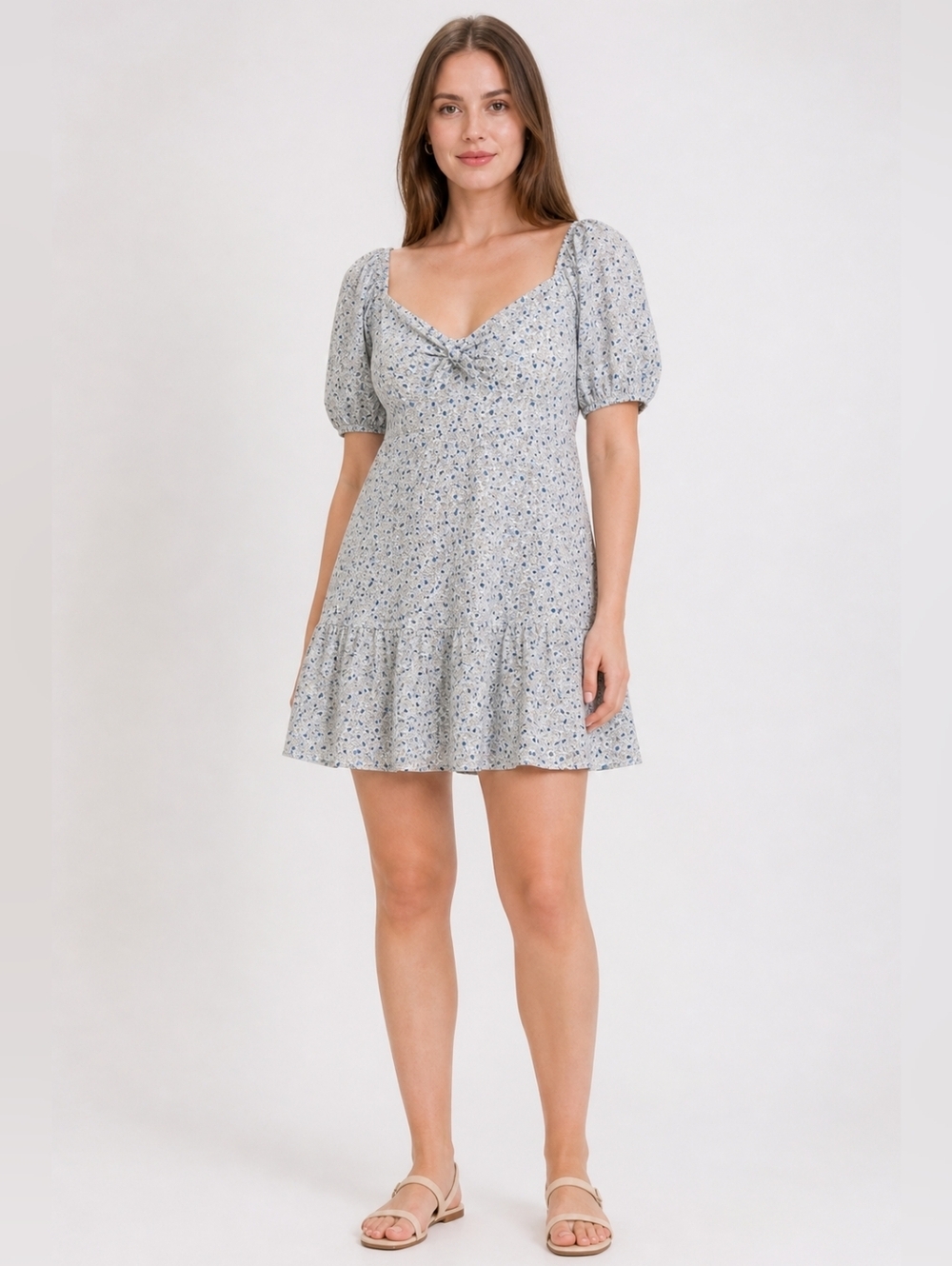 Altar'd State Light Blue Floral Tie-Front Puff Sleeve Mini Dress. Size L.